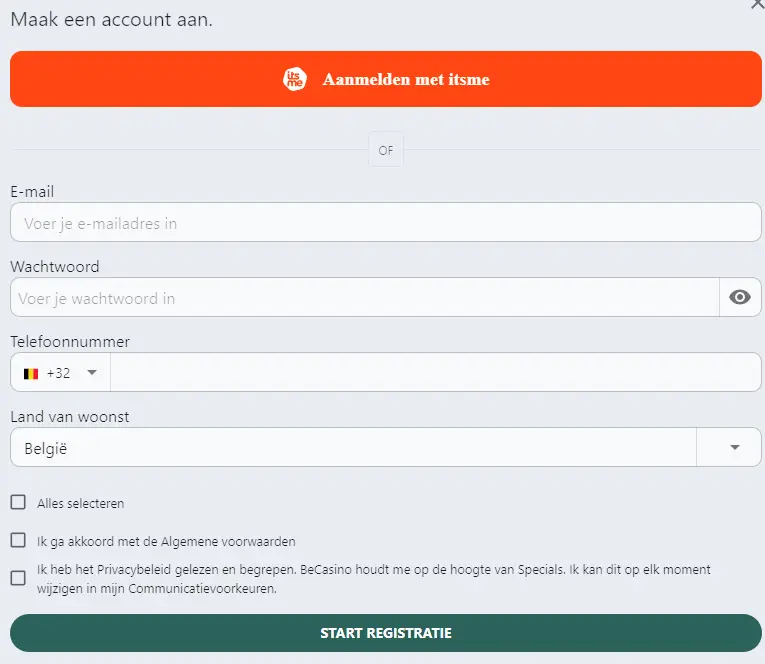 Snel formulier om een spelersaccount aan te maken